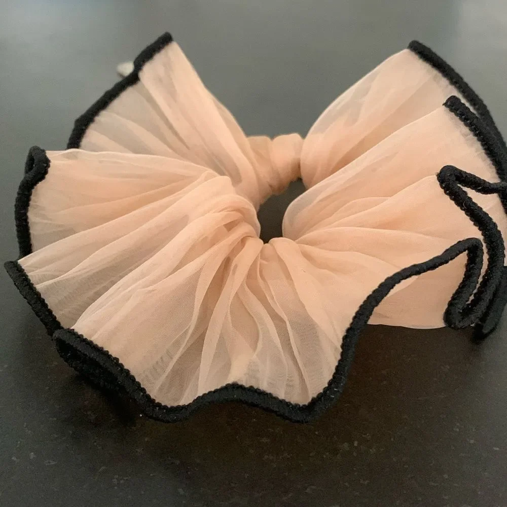 Oversized Organza Scrunchie with Ruffle Edge in Sheer Almond